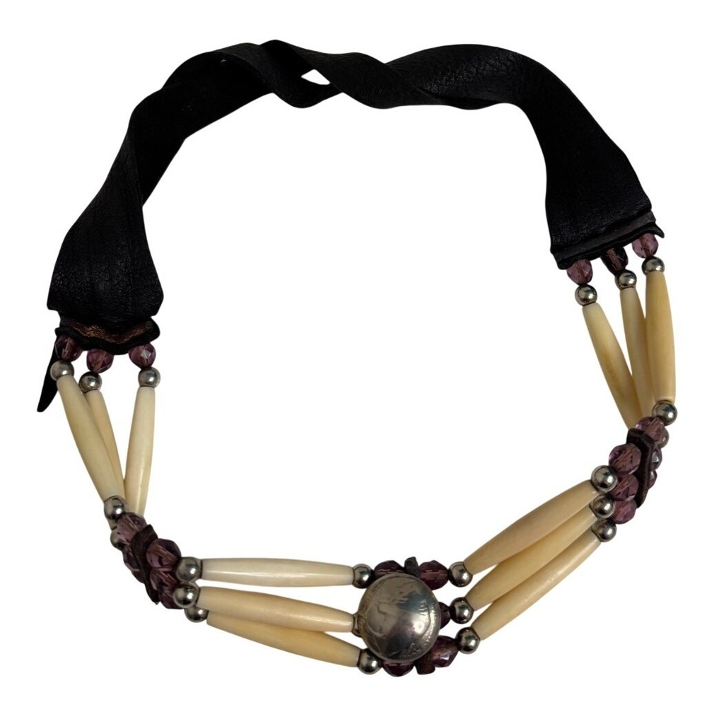 Handmade 1937 Buffalo Nickel Necklace Bone Glass Beads Black Leather Vintage
